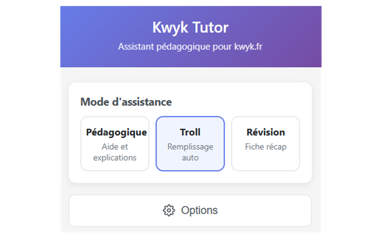 Kwyk Tutor popup sélection mode
